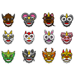 Chinese zodiac animal cartoon character vector with lion dance head set bundle