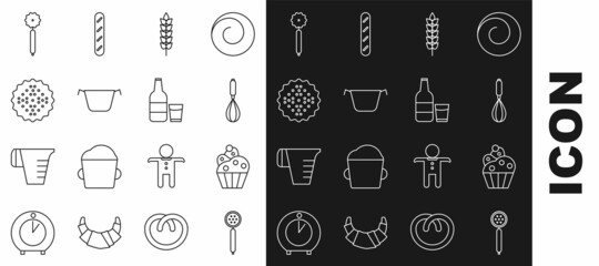 Set line Strainer spoon, Cupcake, Kitchen whisk, Cereals with rice, wheat, corn, oats, rye, Cooking pot, Cracker biscuit, Pizza knife and Glass bottle milk and glass icon. Vector