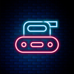 Glowing neon line Electric planer tool icon isolated on brick wall background. Colorful outline concept. Vector