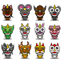 Chinese zodiac animal mascot character cartoon vector with lion dance head set bundle