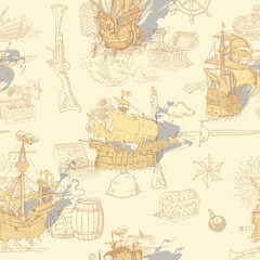 Vector image of a seamless texture for fabrics and paper, on the background of pirate tattoos and sketches