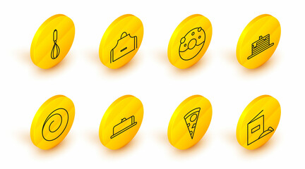 Set line Flour pack, Slice of pizza, Strawberry cheesecake slice, Roll bun with cinnamon, Stack pancakes, Donut sweet glaze, Kitchen apron and whisk icon. Vector