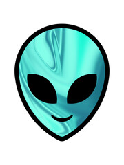 Alien head. Psychedelic glossy holographic alien head on white background illustration. Extraterrestrial alien face or head symbol art illustration icon for apps, fashion, sticker, poster.