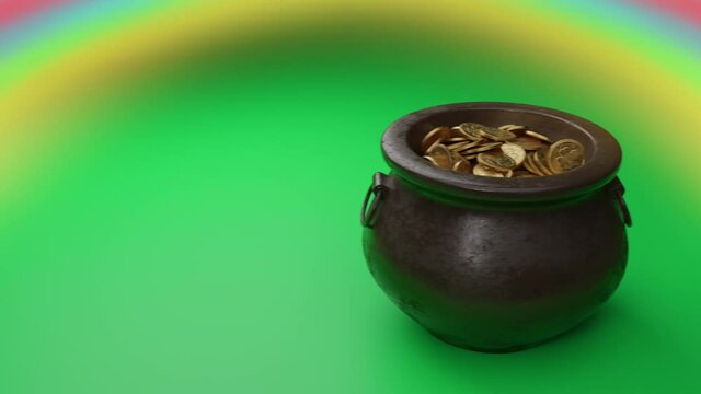 Saint Patrick’s day greeting animation. Pot full of golden coins, bright rainbow, green colored background. Traditional Irish symbol of success, luck. Leprechaun’s gold. Celebrative 3D Render 4K clip