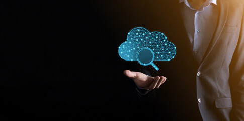 Cloud technology. Polygonal wireframe cloud storage sign with search magnifier icon on dark blue. Cloud computing, big data center, future infrastructure, digital ai concept. Virtual hosting symbol