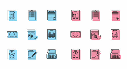 Set line Document with graph chart, Blank notebook and pen, Fax machine, Shopping building shield, Stacks paper money cash and Clipboard checklist icon. Vector