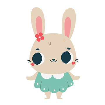 Cute rabbit in dress. Cartoon bunny animal character for kids and children. Lovely baby hare