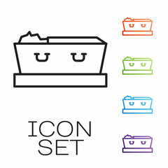 Black line Open coffin with dead deceased body icon isolated on white background. Funeral after death. Corpse in an open hearse for burial. Set icons colorful. Vector