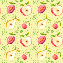 seamless pattern doodles and fruit on a light yellow background