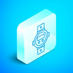 Isometric line Diving watch icon isolated on blue background. Diving underwater equipment. Silver square button. Vector
