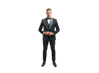 full length of grizzled man butler in formal tuxedo isolated on white