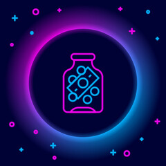 Glowing neon line Glass money jar with coin icon isolated on black background. Icon saving or accumulation of money, investment. Colorful outline concept. Vector