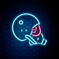 Glowing neon line Modern pilot helmet icon isolated on brick wall background. Colorful outline concept. Vector