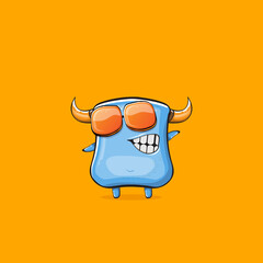Vector cartoon funny blue monster with horn and sunglasses isolated on orange background. Smiling silly blue monster print sticker design template. Ghost, troll, gremlin, goblin, devil and monster