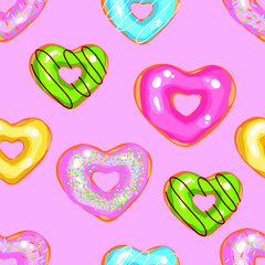 Hearts donuts. St. Valentine day. Seamless pattern. Love. Food. Perfect for greetings, invitations, manufacture wrapping paper, textile and web design. Vector pattern. Seamless vector pattern.