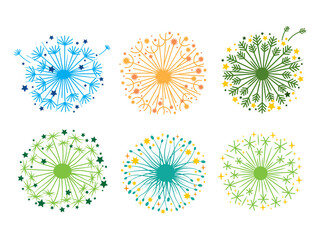 Obraz premium Set of stylized dandelions. Collection of plants with fluffy flying seeds. Field flower. Vinyl stickers on wall. Flower bud logo. Vector illustration of natural decorative elements.