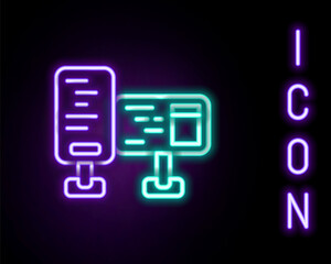Glowing neon line Computer monitor screen icon isolated on black background. Electronic device. Front view. Colorful outline concept. Vector