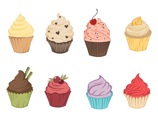 Set of sweet cupcakes. Collection of creamy muffins with decoration. Delicous food. Confectionery. Vector illustration of sweet baking on white background. 