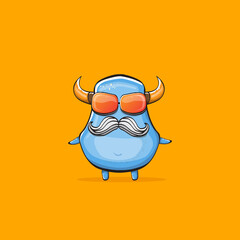 Naklejka premium Vector cartoon funny blue monster with horn and sunglasses isolated on orange background. Smiling silly blue monster print sticker design template. Ghost, troll, gremlin, goblin, devil and monster