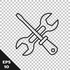 Black line Screwdriver and wrench spanner tools icon isolated on transparent background. Service tool symbol. Vector