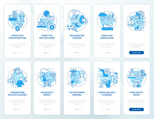 Climate change blue onboarding mobile app screen set. Global warming walkthrough 5 steps graphic instructions pages with linear concepts. UI, UX, GUI template. Myriad Pro-Bold, Regular fonts used