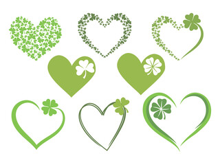 Set of hearts with clover. Collection of design of different irish heart. Heart with Shamrock. Lgotype for St.Patricks Day. Vector illustration on white background. 