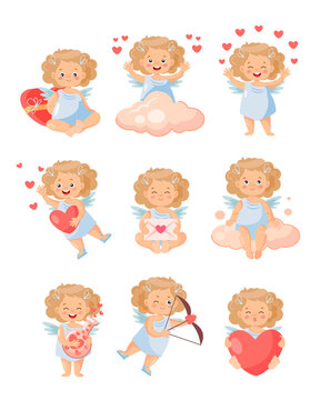 Cute cupid girls in different poses, little angels or cupids. Adorable children with wings. Angelic creatures isolated on a white background. Collection of romantic vector characters