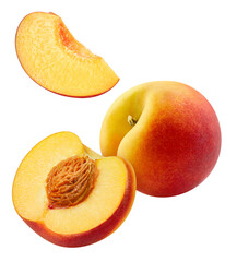 Flying peach isolated on white background. Clipping path peach. Peach macro studio photo