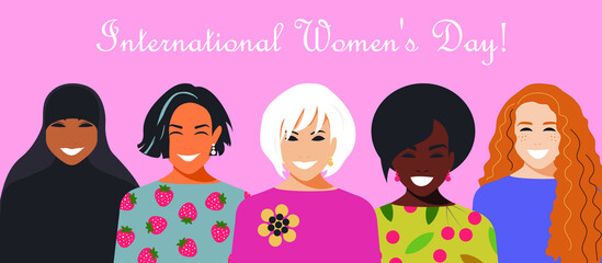 Fototapeta na wymiar International Women's Day. Crowd of modern stylish women of different nationalities and religions. Pink poster with happy people in the fight for equal rights. Vector.