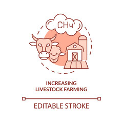 Increasing livestock farming red concept icon. Reasons for climate change abstract idea thin line illustration. Isolated outline drawing. Editable stroke. Roboto-Medium, Myriad Pro-Bold fonts used