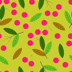 Cherries with leaves on a green background. Seamless pattern for modern textiles, wrapping paper and paper products. Vector.