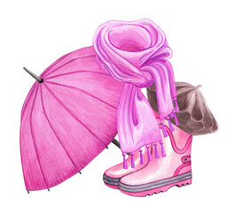 Watercolor composition of warm clothing items. Purple umbrella walking stick, rubber boots, beret hat, scarf. Stylish autumn accessories. Hand drawn illustration isolated on white background.