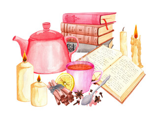 Watercolor cozy composition of reading books, learning with a hot drink with spices by candlelight. Autumn mood. Hand drawn illustration isolated on white background.