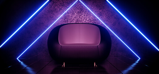 Neon Glowing Shapes Blue Purple Futuristic Seat Cozy Sofa Chair Luxury Cement Grunge Cyber Retro Modern Virtual Room Spaceship 3d Rendering