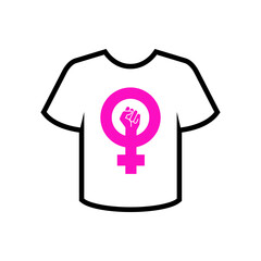 Día de la mujer. Logotipo símbolo feminista con puño estampado en camiseta con líneas en color rosa y negro