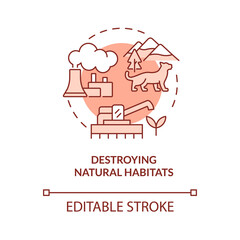 Destroying natural habitats red concept icon. Effects of climate change abstract idea thin line illustration. Isolated outline drawing. Editable stroke. Roboto-Medium, Myriad Pro-Bold fonts used