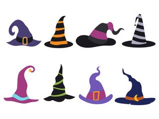 Set of hats of witches. Collection of colorful witchy headdresses of wizards. Vector illustration of hats for a halloween. 