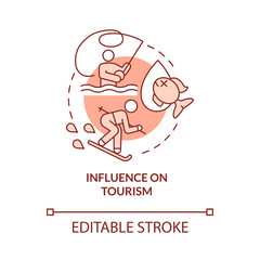 Obraz premium Influence on tourism red concept icon. Climate change negative effect abstract idea thin line illustration. Isolated outline drawing. Editable stroke. Roboto-Medium, Myriad Pro-Bold fonts used