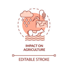 Impact on agriculture red concept icon. Climate change negative effect abstract idea thin line illustration. Isolated outline drawing. Editable stroke. Roboto-Medium, Myriad Pro-Bold fonts used