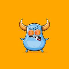 Vector cartoon funny blue monster with horn and sunglasses isolated on orange background. Smiling silly blue monster print sticker design template. Ghost, troll, gremlin, goblin, devil and monster