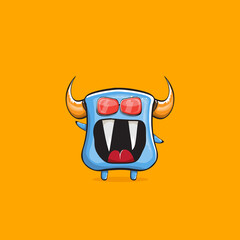 Fototapeta premium Vector cartoon funny blue monster with horn and sunglasses isolated on orange background. Smiling silly blue monster print sticker design template. Ghost, troll, gremlin, goblin, devil and monster
