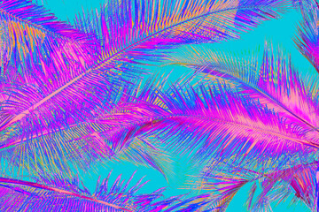 Bright pink and purple holographic neon colored abstract palm leaves on mint background. Night club jungle beach party flyer template. Retro style creative summer pattern design concept