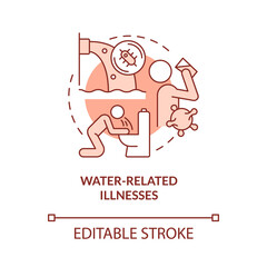 Water related illnesses red concept icon. Climate change and health abstract idea thin line illustration. Isolated outline drawing. Editable stroke. Roboto-Medium, Myriad Pro-Bold fonts used
