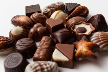 Variety of chocolates isolated on white background.