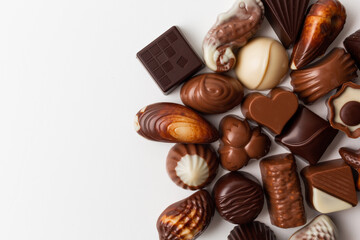 Variety of chocolates isolated on white background.