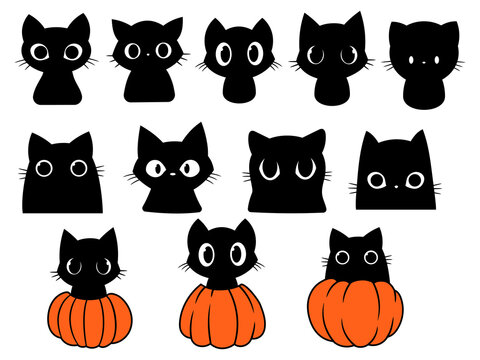 Set of black cat. Collection of silhouette kiiten head  with pumkin. Fuuny pets. Happy halloween. Scary print for design. Vector illustration on white background.  