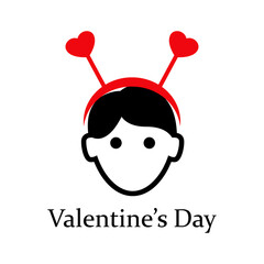Despedida de soltero. Banner con texto Valentine's Day con corazones en diadema en cabeza de chico para su uso en invitaciones y tarjetas de felicitación