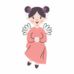 Cute fairy is drinking tea. Fairy tale character for book. Vector illustration.