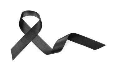 Black satin ribbon on white background, top view