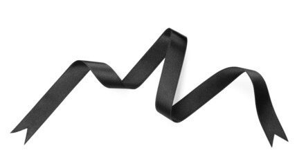 Black satin ribbon on white background, top view